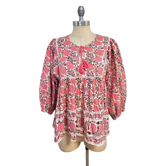 Tuckernuck Tops - Tuckernuck Marea Pink Floral Cotton Long Sleeve Tassel Block Print Top Medium